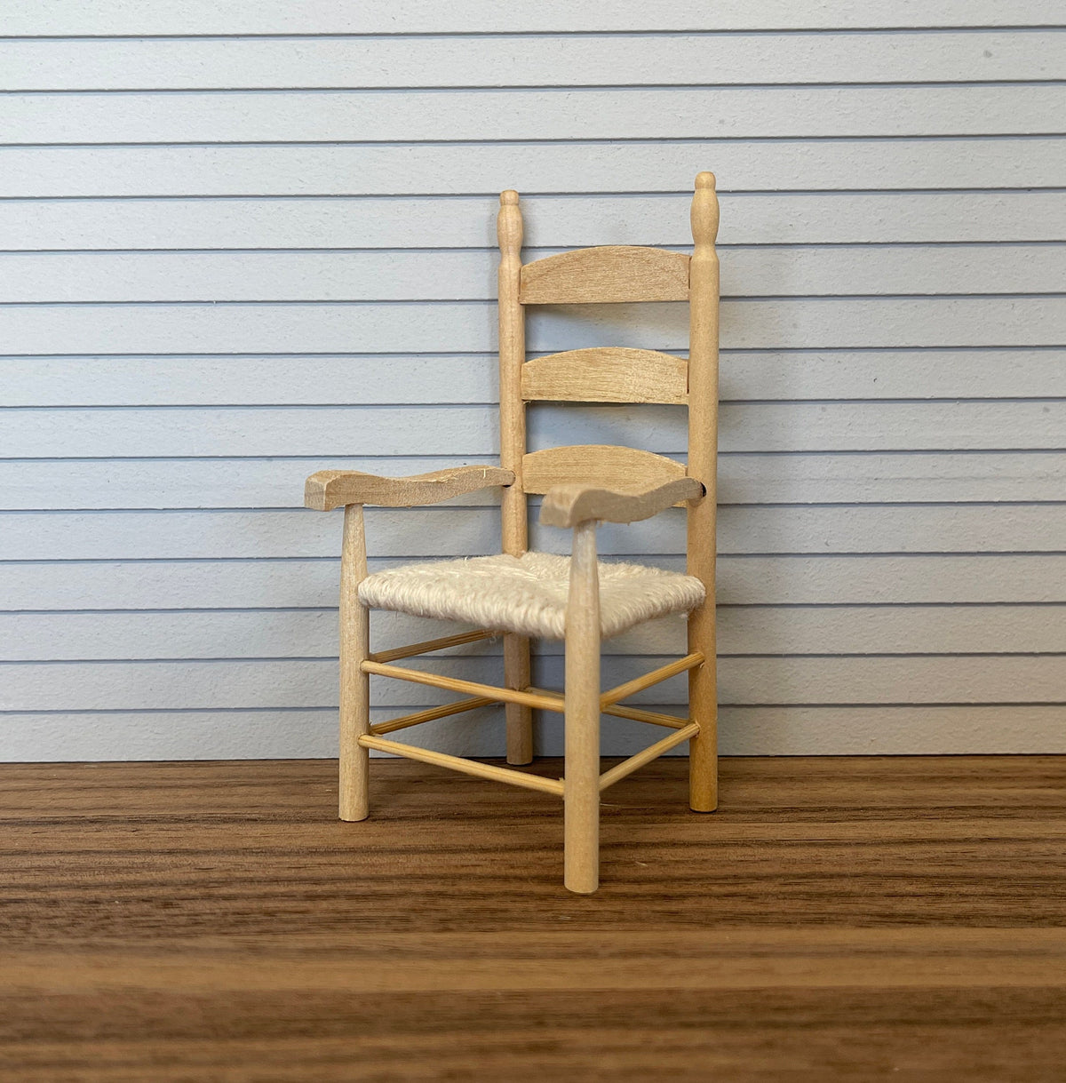 1:12 Scale Miniature Unpainted Wood Ladderback Armchair, Woven Rush Seat, 4-3/16 inch tall, DIY Dollhouse Supply