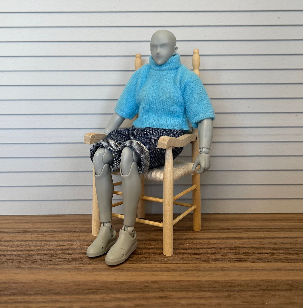 1:12 Scale Miniature Unpainted Wood Ladderback Armchair, Woven Rush Seat, 4-3/16 inch tall, DIY Dollhouse Supply