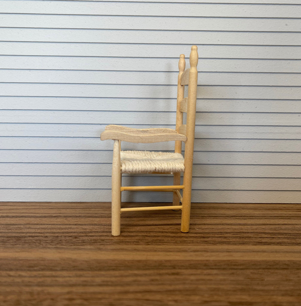 1:12 Scale Miniature Unpainted Wood Ladderback Armchair, Woven Rush Seat, 4-3/16 inch tall, DIY Dollhouse Supply