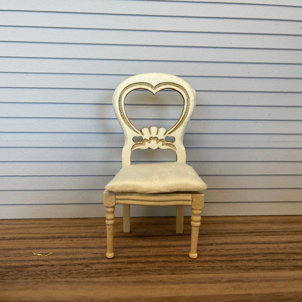 1:12 Scale Miniature Unpainted Wood Balloon Back Dining Chair, Heart Shaped Back, Seat Pad, 3-3/4 inch tall, DIY Dollhouse Supply