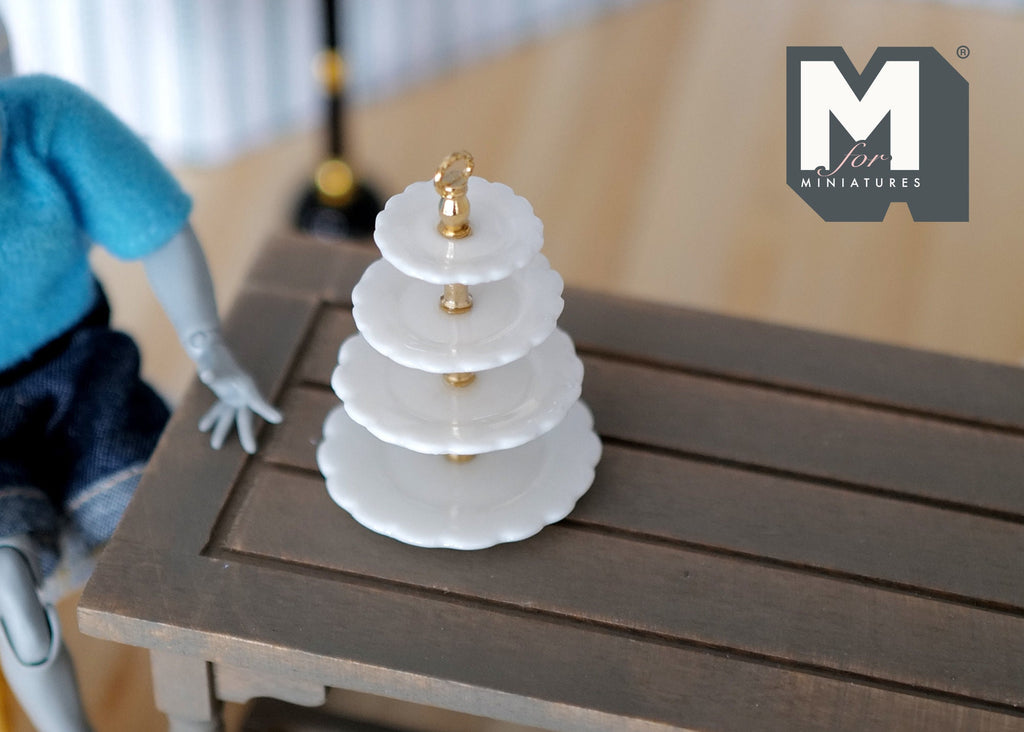 1:12 Scale Miniature 4 Tier Dessert Stand, Round Tiers with Center Post, 1-15/16 inch tall, DIY Dollhouse Supply (white)