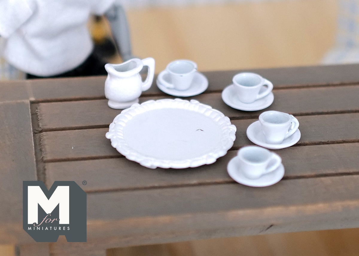 1:12 Scale Miniature Tea Set with Cups, Saucers, Milk Jug and Serving Plate, Set of 10, DIY Dollhouse Supply (white)