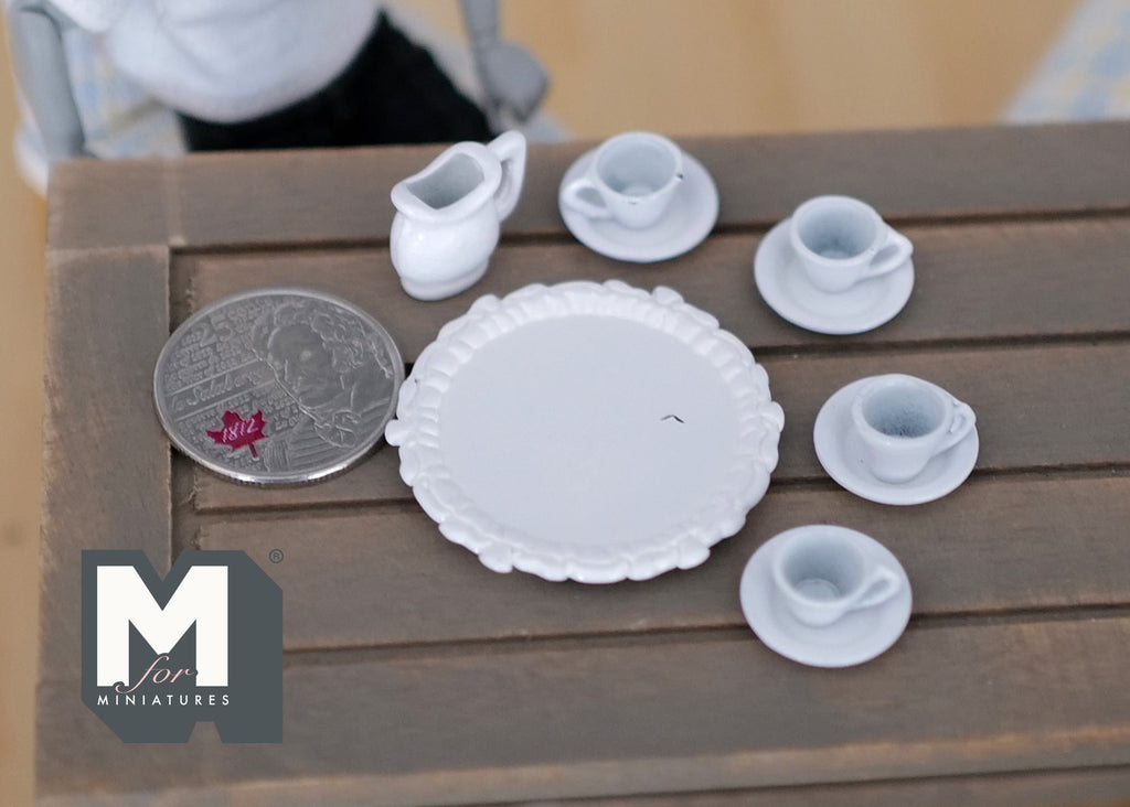 1:12 Scale Miniature Tea Set with Cups, Saucers, Milk Jug and Serving Plate, Set of 10, DIY Dollhouse Supply (white)