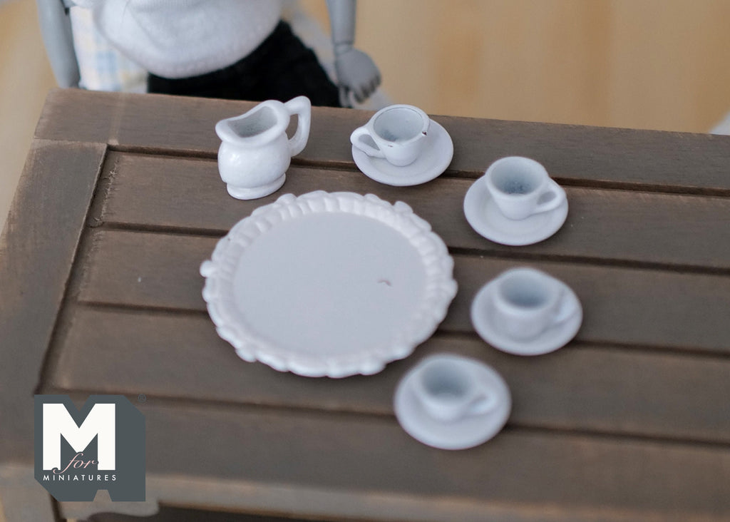1:12 Scale Miniature Tea Set with Cups, Saucers, Milk Jug and Serving Plate, Set of 10, DIY Dollhouse Supply (white)