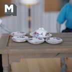 1:12 Scale Miniature Ceramic Plate Set, Oval Platter with Cover Dome, Purple Floral Rim, Set of 6, 1-5/16 inch long, DIY Dollhouse Supply