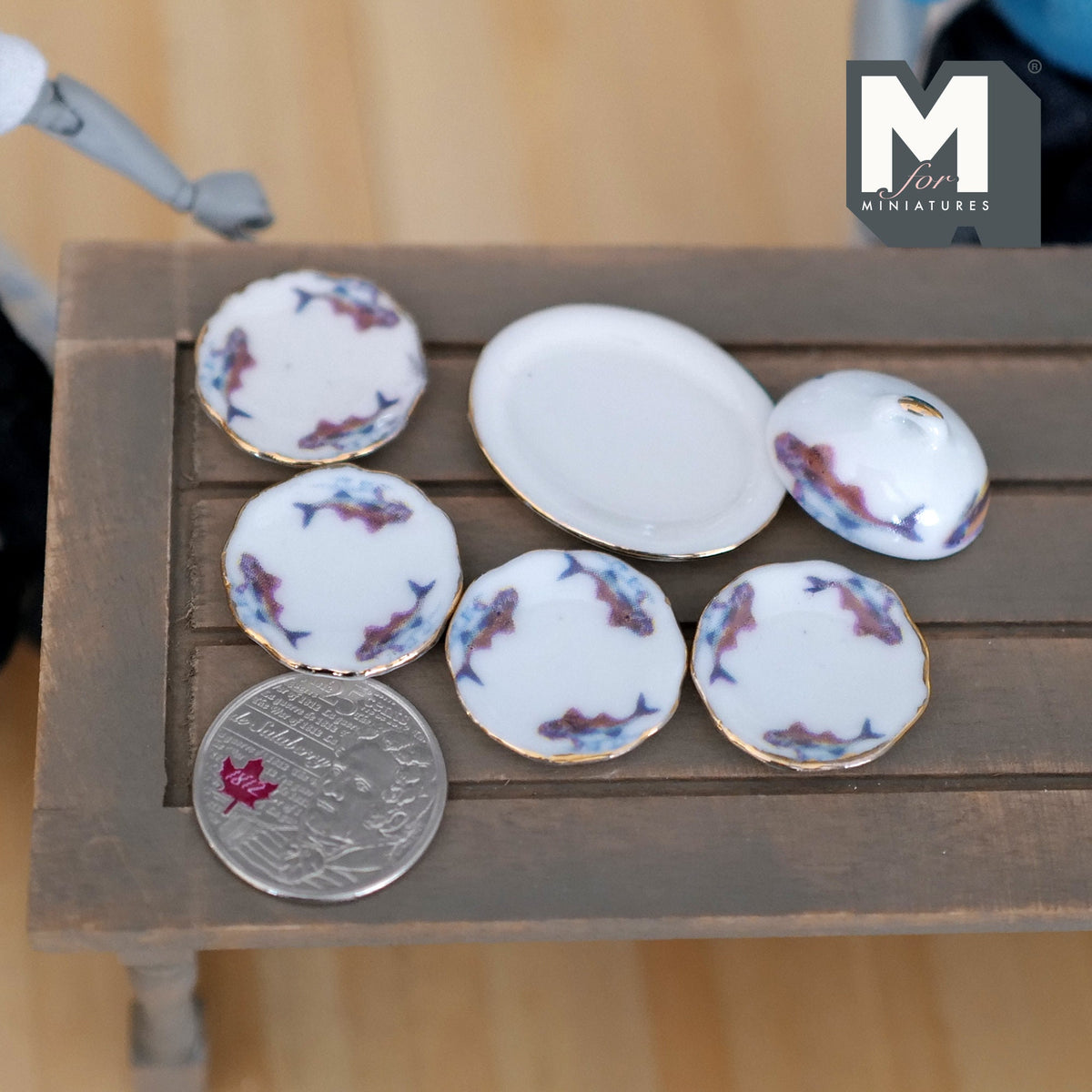 1:12 Scale Miniature Ceramic Plate Set, Oval Platter with Cover Dome, Purple Floral Rim, Set of 6, 1-5/16 inch long, DIY Dollhouse Supply
