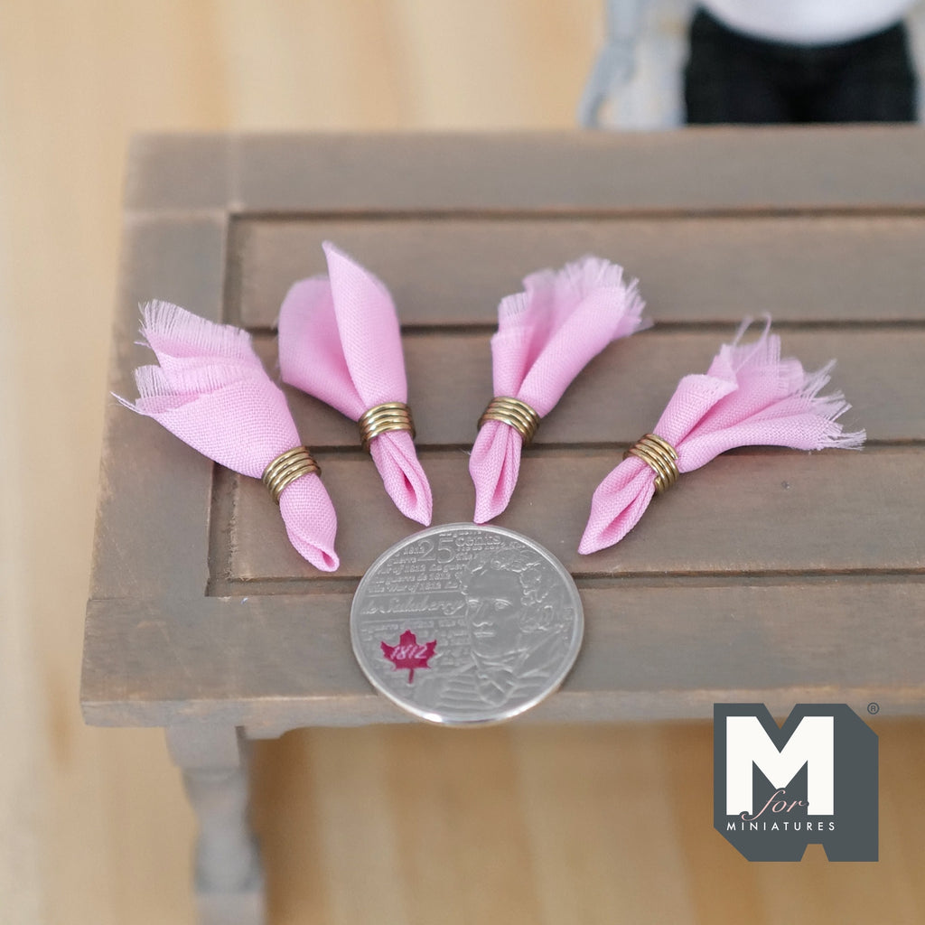 1:12 Scale Miniature Cloth Napkins with Napkin Rings, Set of 4, 1-3/16 inch long, DIY Dollhouse Supply (pink)