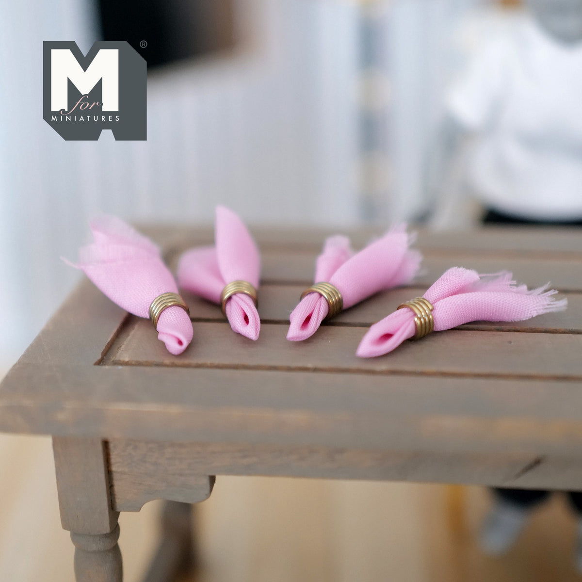 1:12 Scale Miniature Cloth Napkins with Napkin Rings, Set of 4, 1-3/16 inch long, DIY Dollhouse Supply (pink)