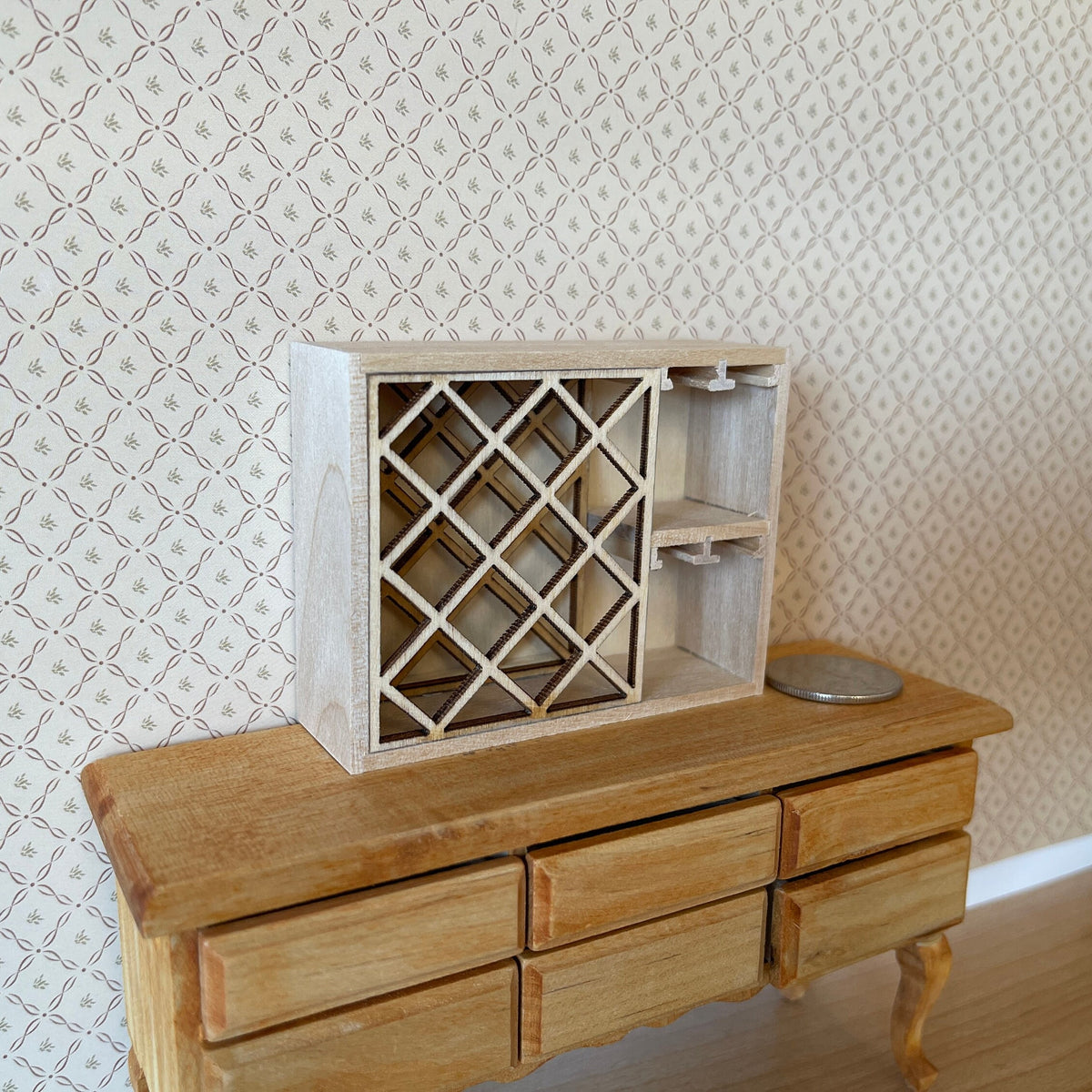 1:12 Scale Miniature Unpainted Wood Wine Rack, Diagonal Lattice, Side Shelves, 3 inch wide, DIY Dollhouse Supply