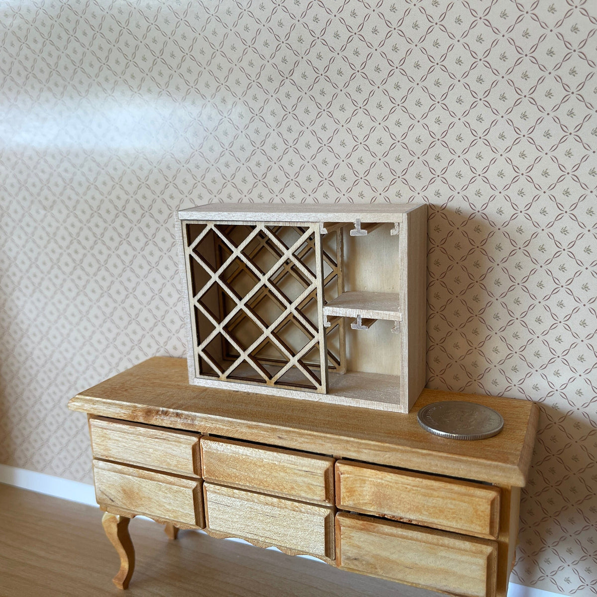 1:12 Scale Miniature Unpainted Wood Wine Rack, Diagonal Lattice, Side Shelves, 3 inch wide, DIY Dollhouse Supply