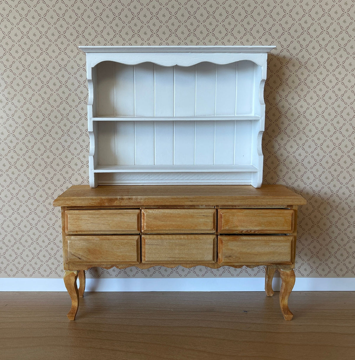 1:12 Scale Miniature Wood Wall Shelf, 2 Shelves, Scalloped Top, 4-9/16 inch wide, DIY Dollhouse Supply (white)