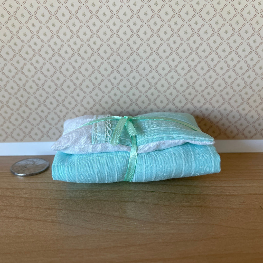 1:12 Scale Miniature Single Bedding Set, Pillow, Comforter and Cover Sheet, 6-3/4 inch long, DIY Dollhouse Supply (mint green)