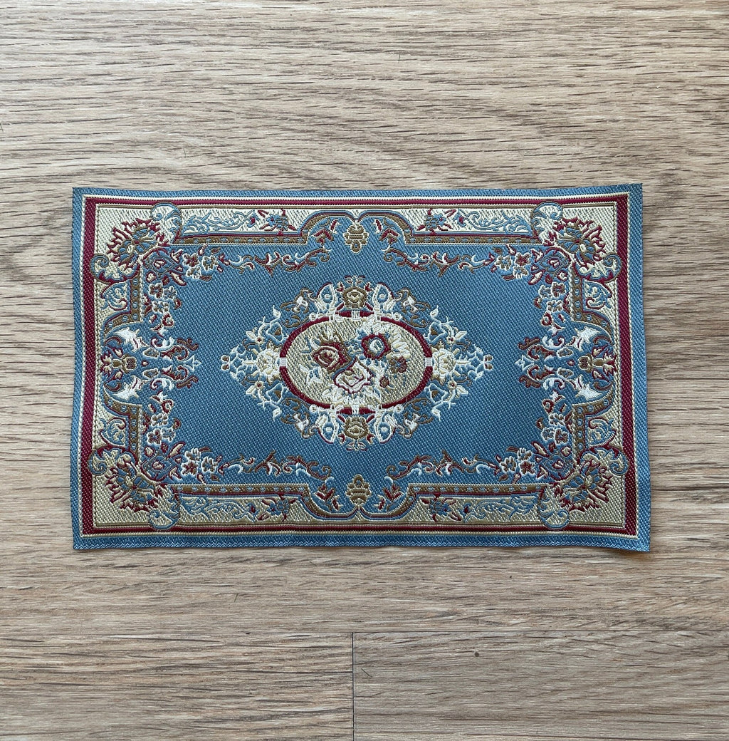 1:12 Scale Miniature Area Rug with Floral Medallion and Border, 6-5/16 inch long, DIY Dollhouse Supply (blue)