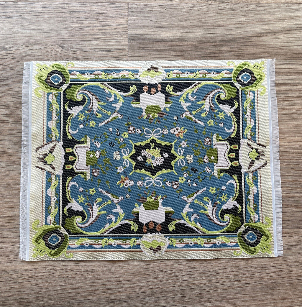 1:12 scale miniature large Aubusson style woven area rug with fringe, blue, green and cream floral design