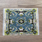 1:12 scale miniature large Aubusson style woven area rug with fringe, blue, green and cream floral design