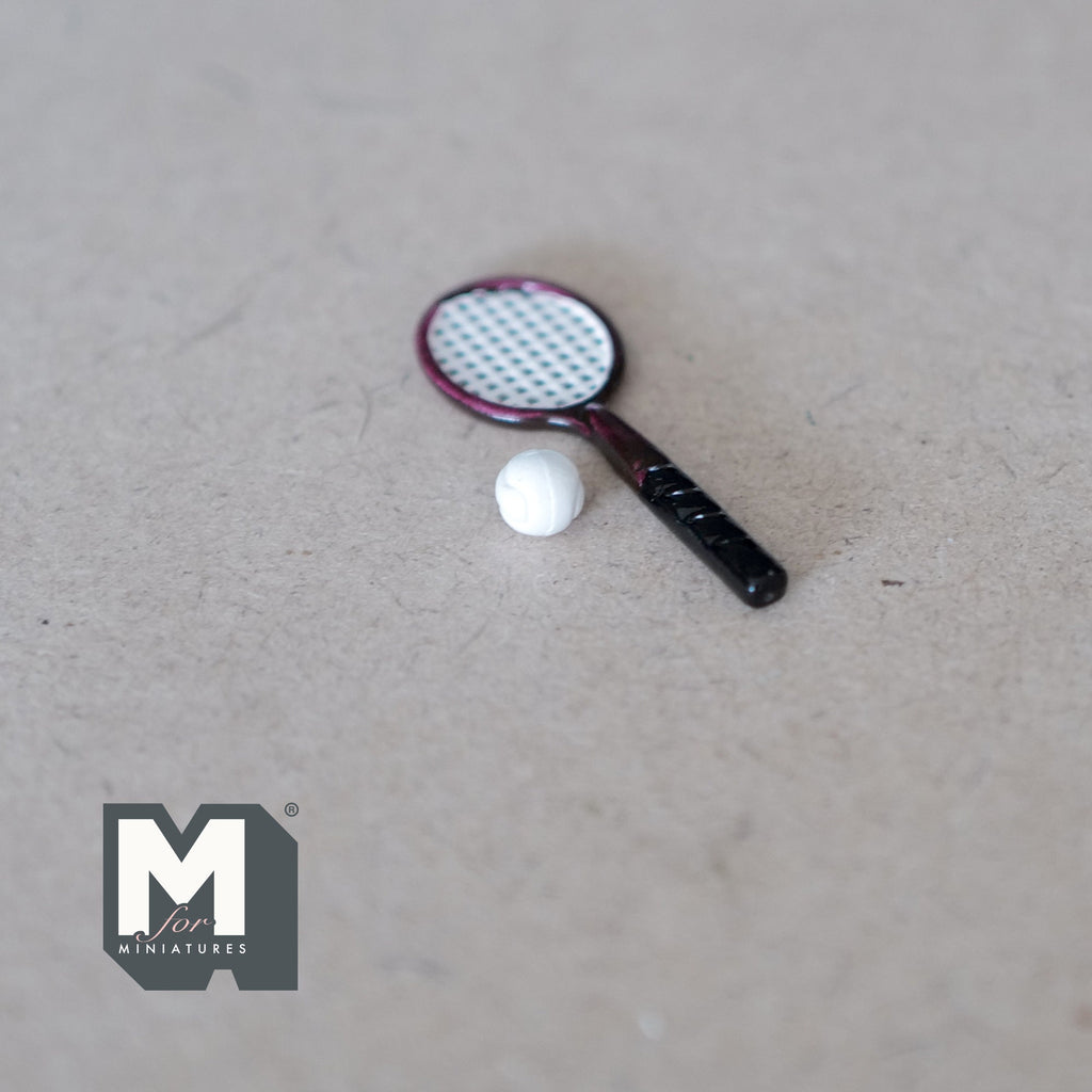 1:12 Scale Miniature Tennis Racket and Ball Set, 1-5/8 inch long, DIY Dollhouse Supply (black and red)