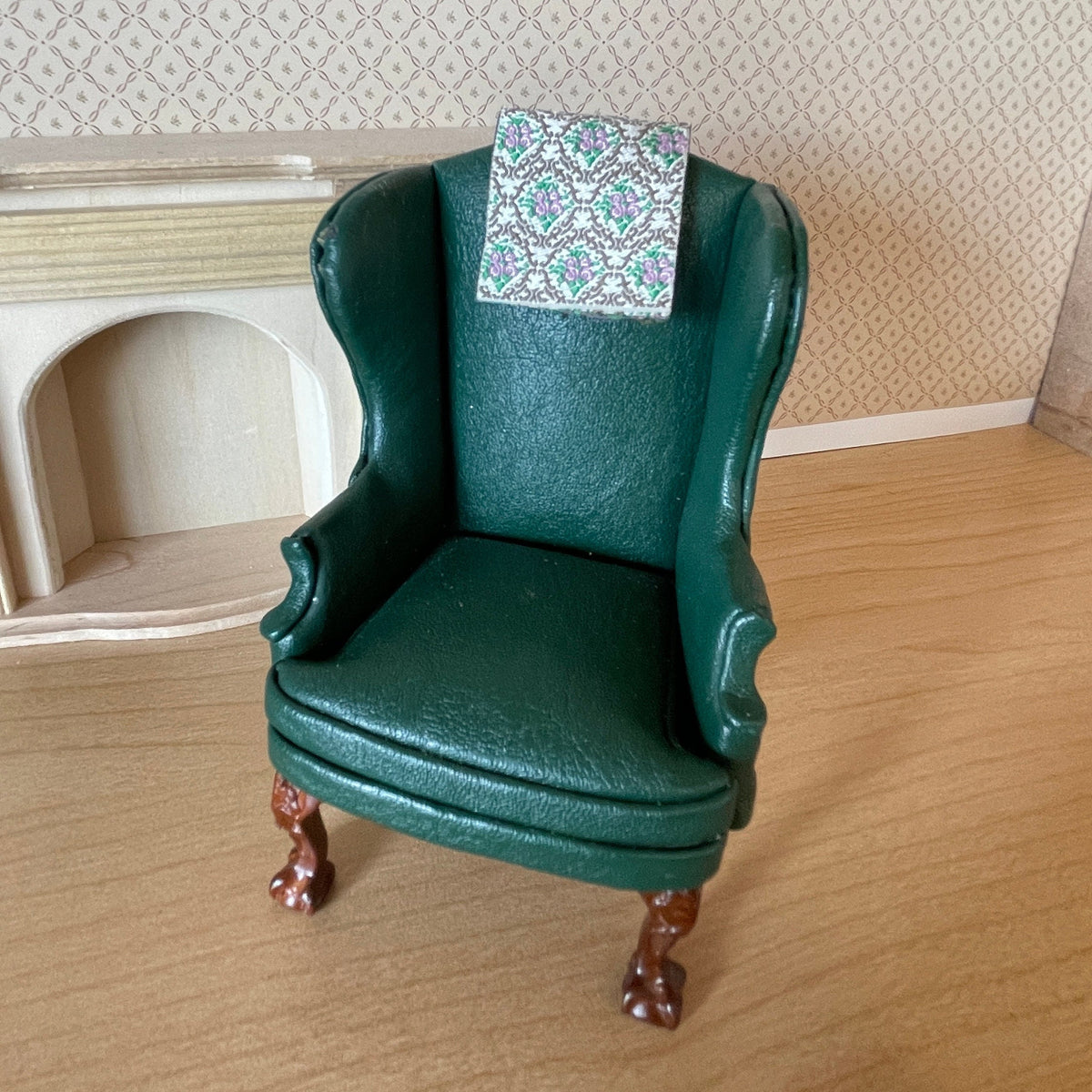 1:12 Scale Miniature Chair Antimacassars, Damask Print, Set of 2, 2 inch long, DIY Dollhouse Supply (white and teal)