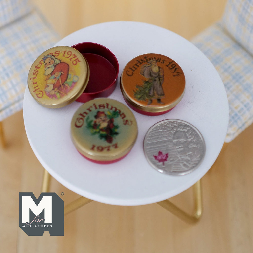 1:12 Scale Miniature Christmas Tins with Lids, Set of 3, 1 inch dia., DIY Dollhouse Supply