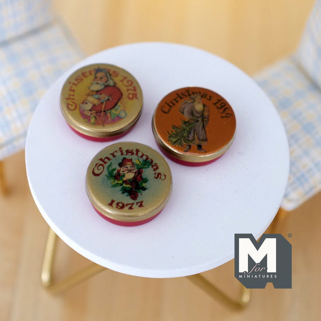 1:12 Scale Miniature Christmas Tins with Lids, Set of 3, 1 inch dia., DIY Dollhouse Supply