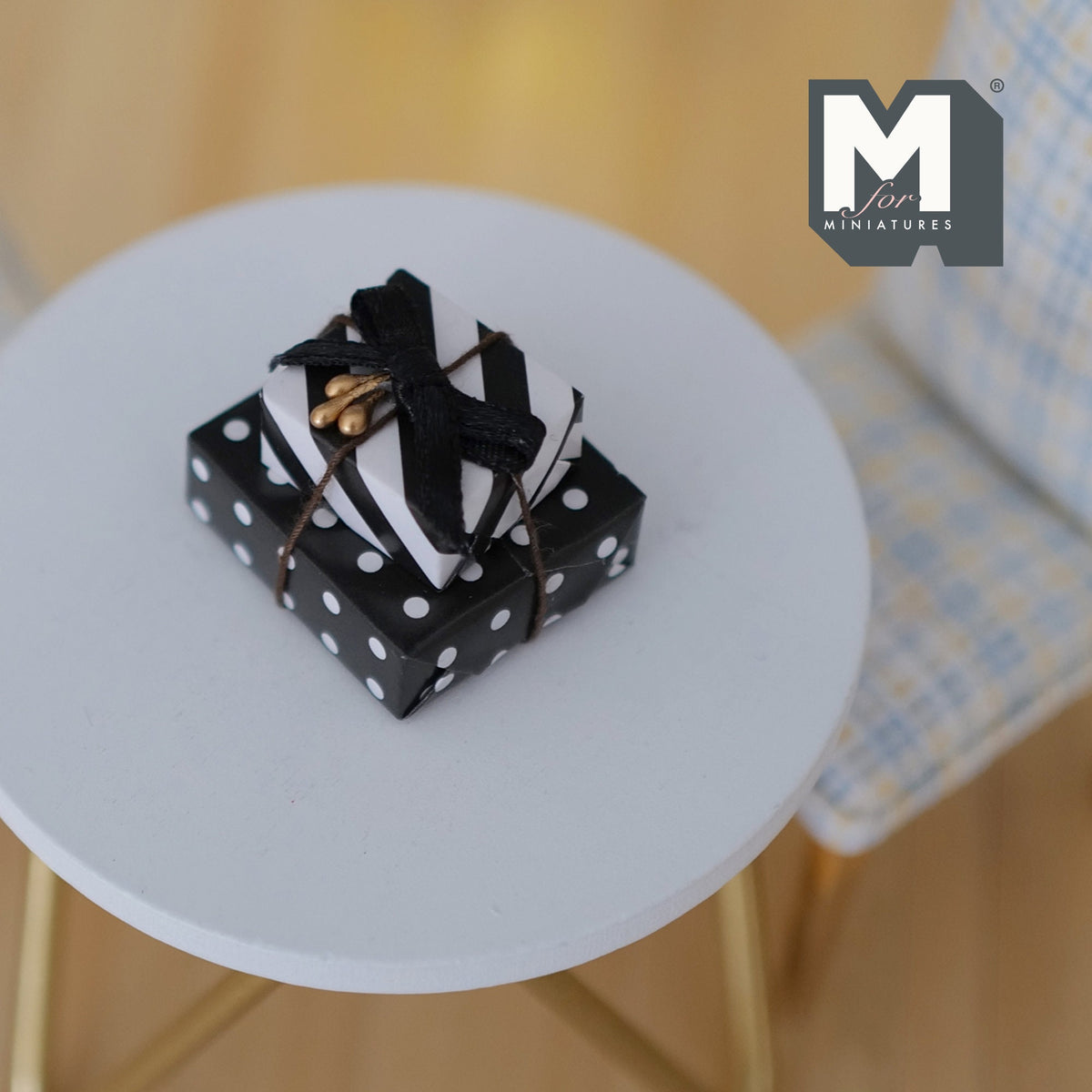 1:12 Scale Miniature Wrapped Gift Boxes, Large and Small, Set of 2, 1-1/8 inch long, DIY Dollhouse Supply (black and white)