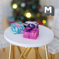 1:12 Scale Miniature Wrapped Gift Boxes with Bows, Set of 3, 13/16 inch long, DIY Dollhouse Supply (teal, purple and pink)