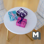1:12 Scale Miniature Wrapped Gift Boxes with Bows, Set of 3, 13/16 inch long, DIY Dollhouse Supply (teal, purple and pink)