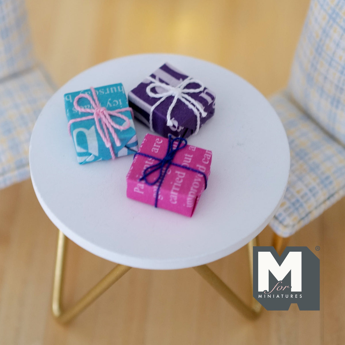 1:12 Scale Miniature Wrapped Gift Boxes with Bows, Set of 3, 13/16 inch long, DIY Dollhouse Supply (teal, purple and pink)