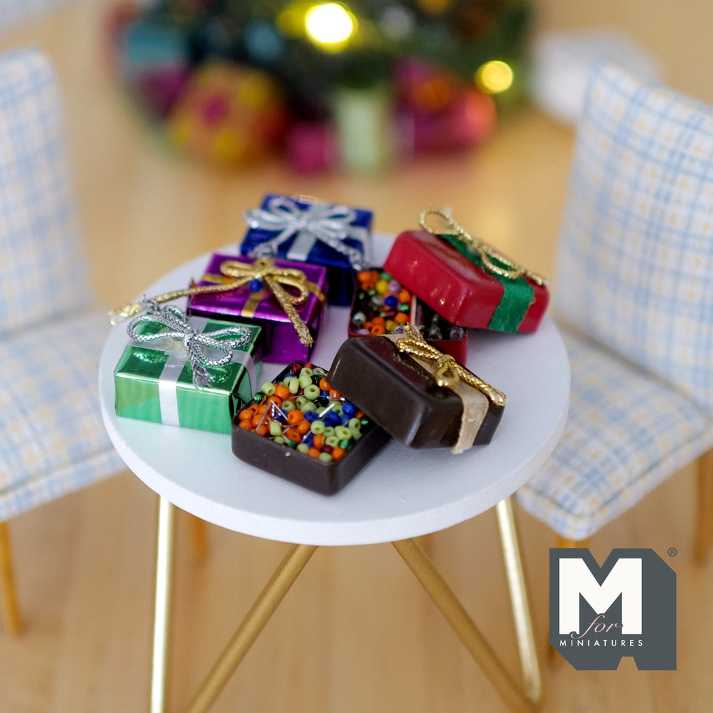 1:12 Scale Miniature Wrapped and Opened Gift Boxes, Set of 5, 13/16 inch long, DIY Dollhouse Supply