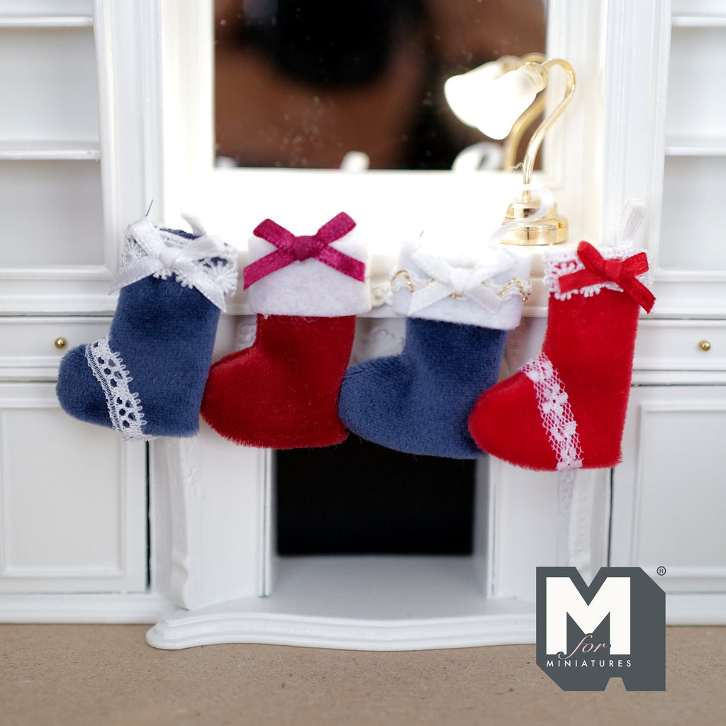 1:12 Scale Miniature Christmas Stockings with Bows, Set of 4, 1-5/8 inch tall, DIY Dollhouse Supply (navy blue and red)
