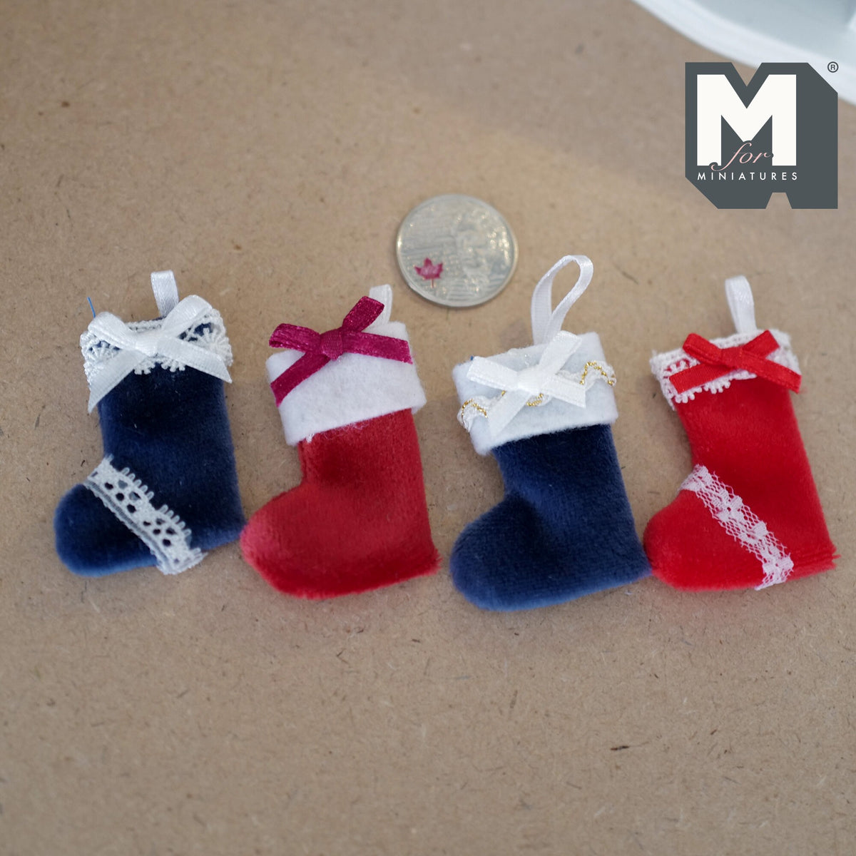 1:12 Scale Miniature Christmas Stockings with Bows, Set of 4, 1-5/8 inch tall, DIY Dollhouse Supply (navy blue and red)