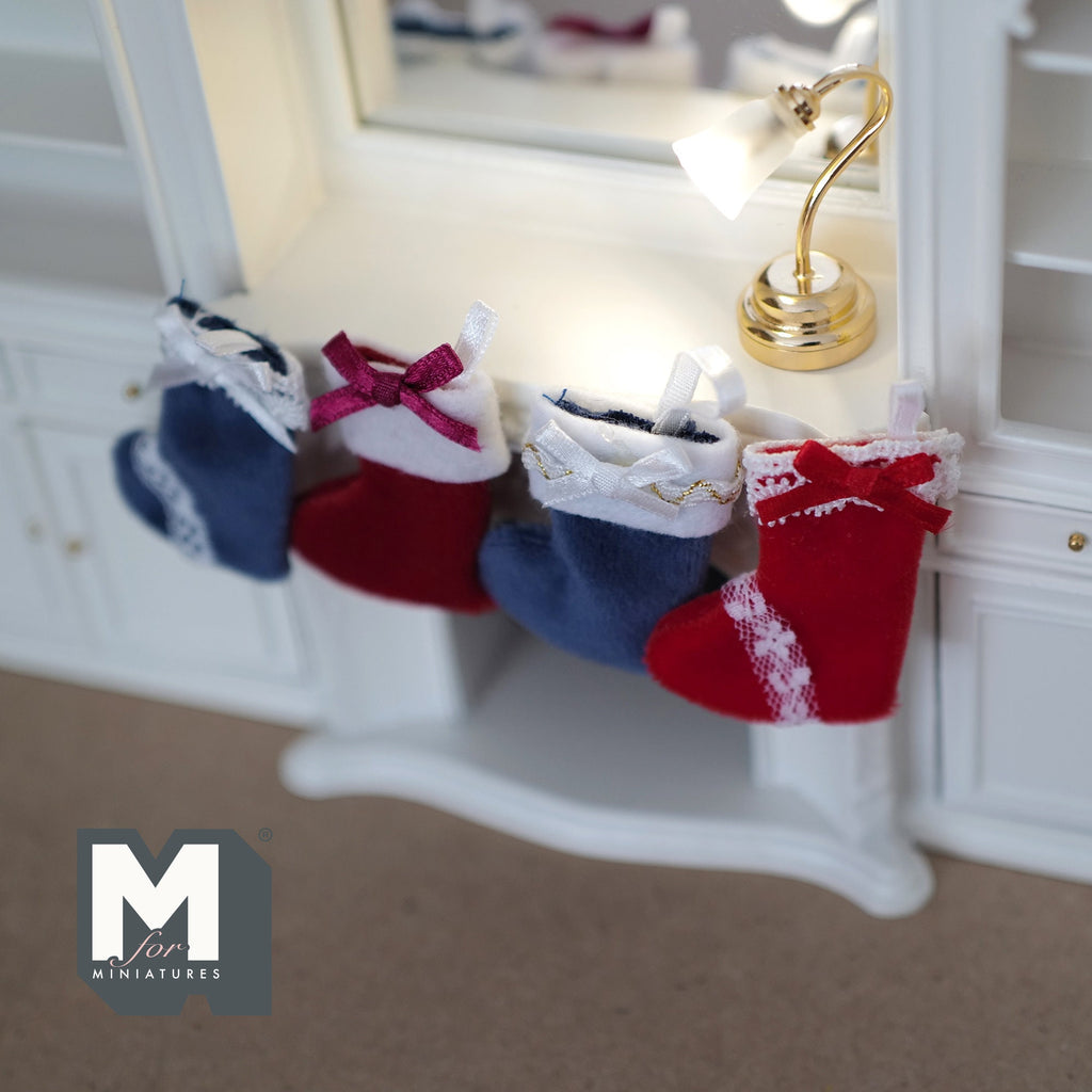 1:12 Scale Miniature Christmas Stockings with Bows, Set of 4, 1-5/8 inch tall, DIY Dollhouse Supply (navy blue and red)