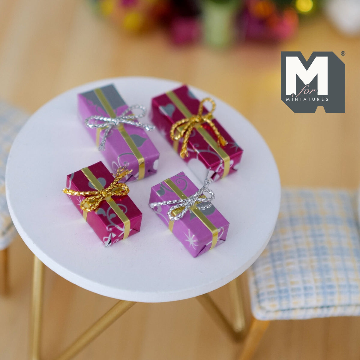 1:12 Scale Miniature Wrapped Gift Boxes, Long and Short, Set of 4, 1-1/4 inch long, DIY Dollhouse Supply