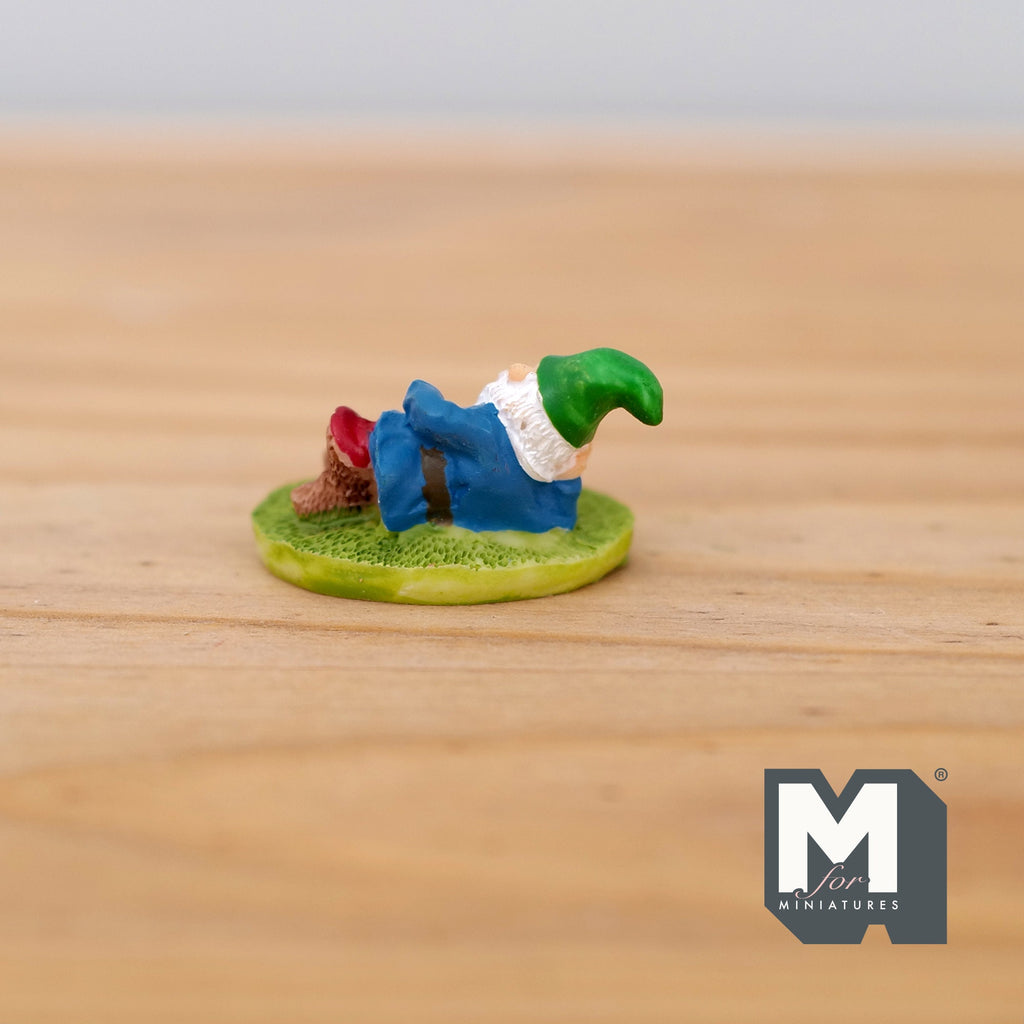 1:12 Scale Miniature Sleeping Garden Gnome on Grass Base, Red Toadstool, 1-1/4 inch wide, DIY Dollhouse Supply (cast resin)