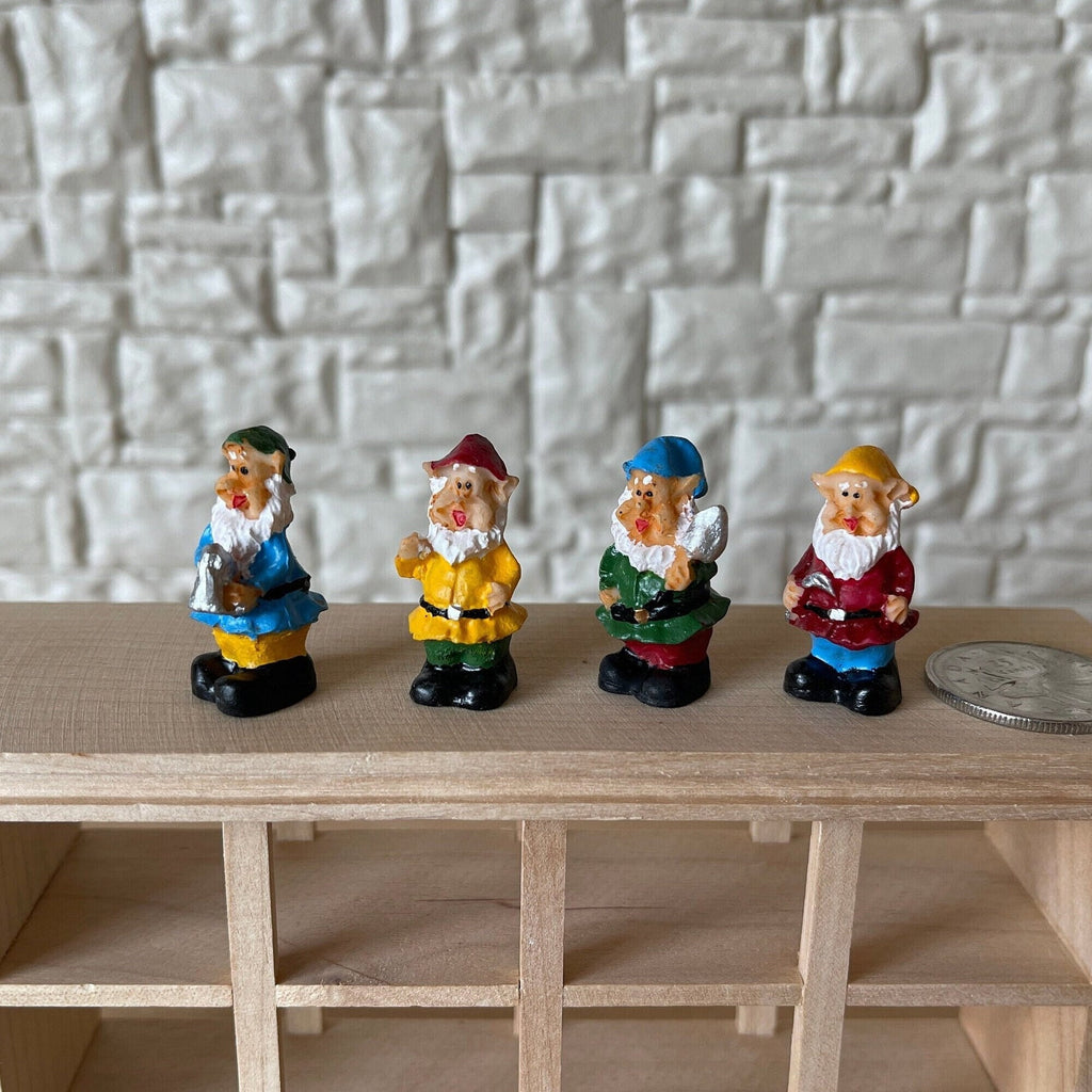 1:12 Scale Miniature Garden Gnome Figurines, Pointy Hats, Set of 4, 1-3/16 inch tall, DIY Dollhouse Supply