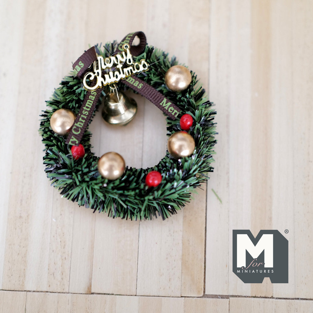 1:12 Scale Miniature Christmas Wreath with Ornaments and Bell, 2-3/8 inch dia., DIY Dollhouse Supply