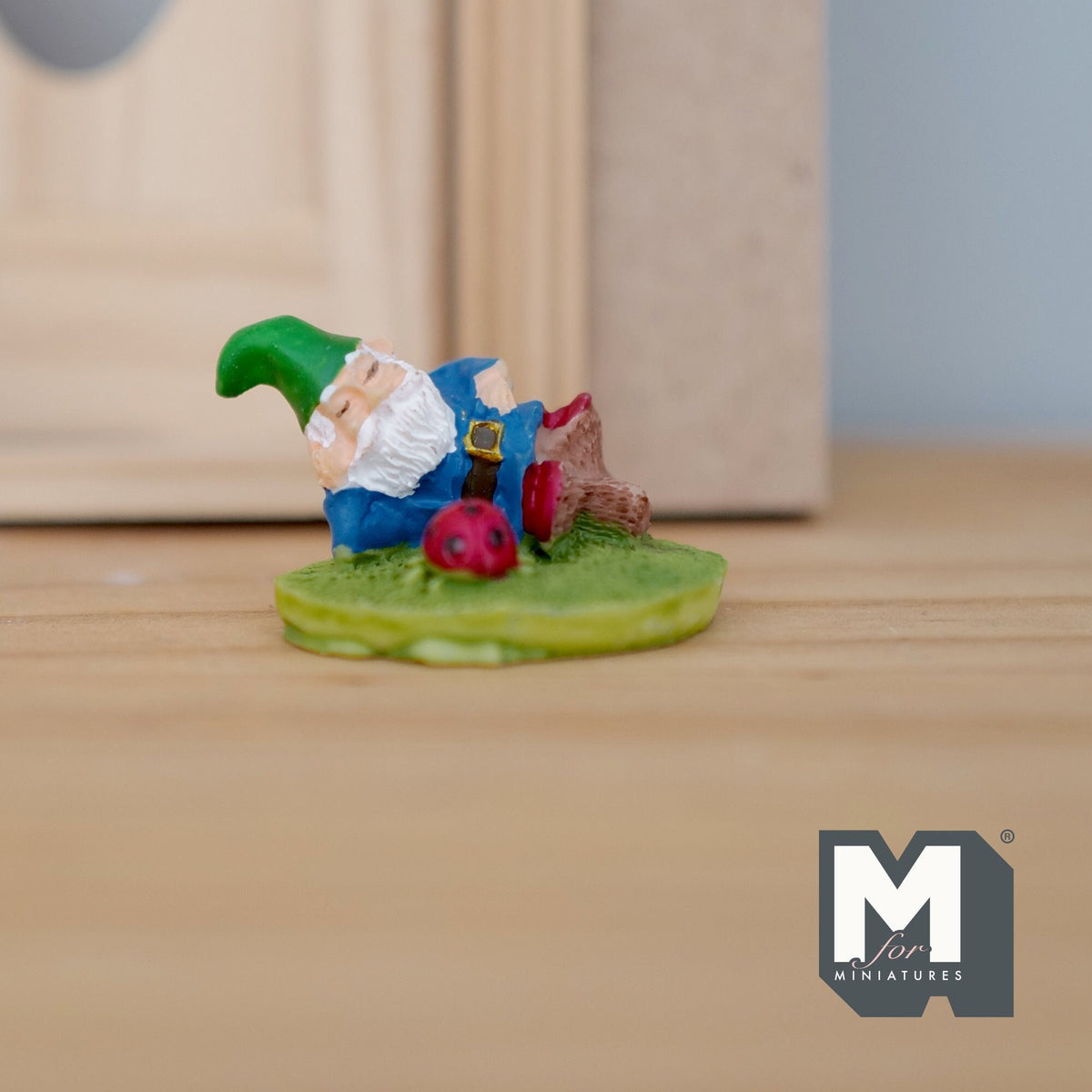 1:12 Scale Miniature Sleeping Garden Gnome on Grass Base, Red Toadstool, 1-1/4 inch wide, DIY Dollhouse Supply (cast resin)