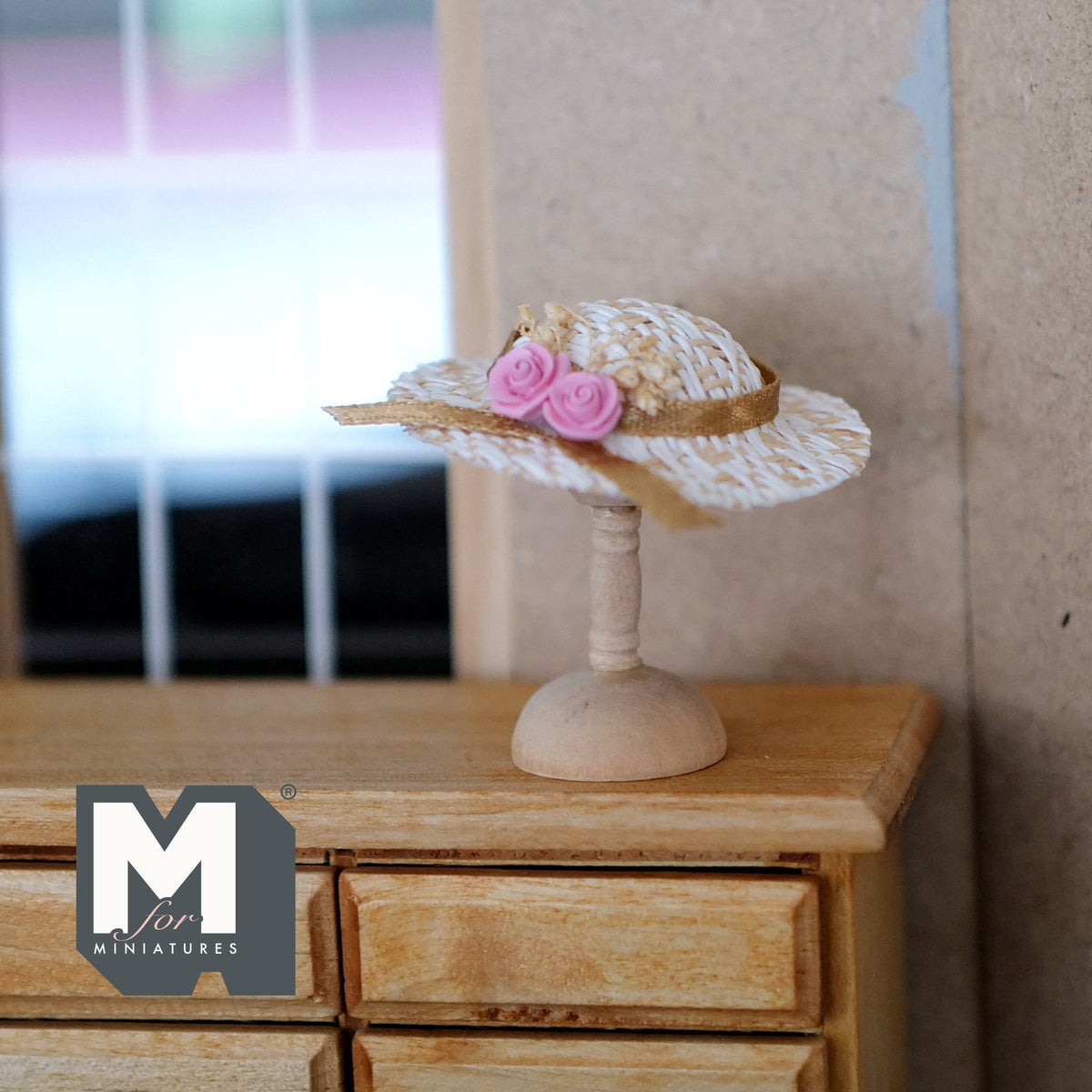1:12 Scale Miniature Straw Cartwheel Hat with Roses and Wood Stand, 1-3/4 inch dia., DIY Dollhouse Supply
