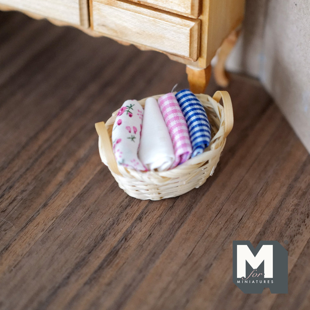 1:12 Scale Miniature Bamboo Rope Basket with Folded Linens, 1-7/8 inch long, DIY Dollhouse Supply (fabric fixed to basket)