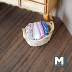 1:12 Scale Miniature Bamboo Rope Basket with Folded Linens, 1-7/8 inch long, DIY Dollhouse Supply (fabric fixed to basket)