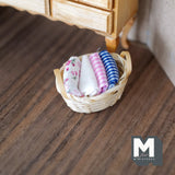 Dollhouse Supplies Basket with Folded Linens , 1 Inch Scale Bamboo Rope Basket of Linen (fabric fixed to basket) - F013
