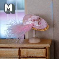 Dollhouse British Milliners with Wooden Stand 1:12 Scale Miniature Cartwheel Hat with Faux Feather and Ribbon c045