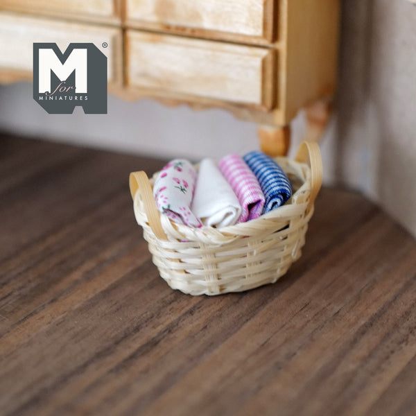 Dollhouse Basket with Folded Linens , 1 Inch Scale Bamboo Rope Basket of Linen (fabric fixed to basket) - F010