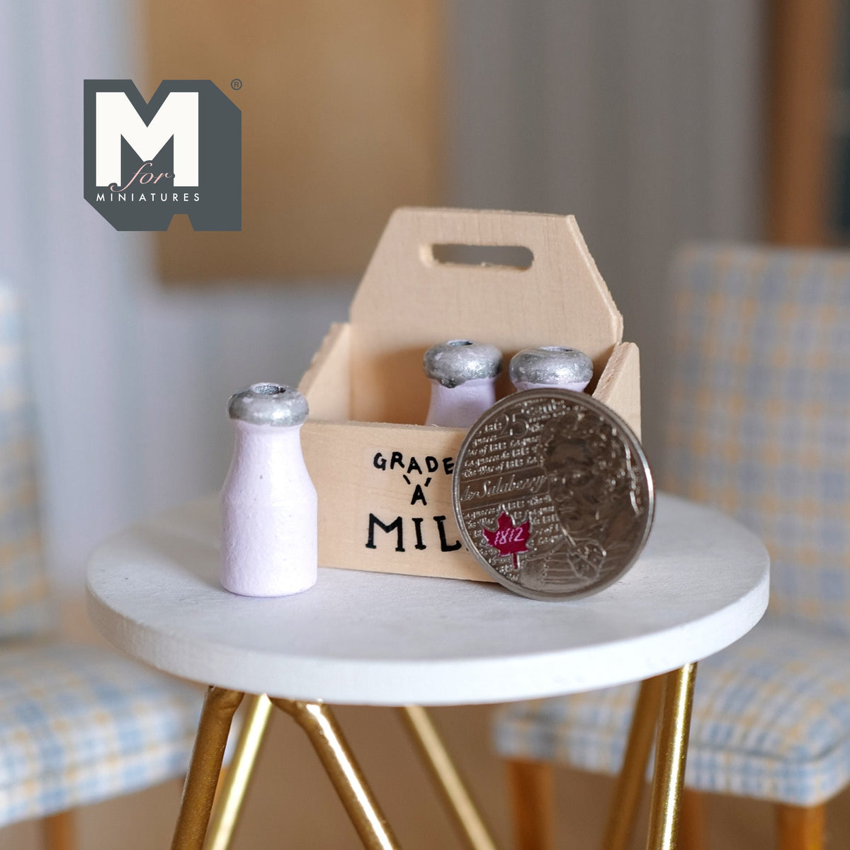 1:12 Scale Miniature Wood Milk Crate with 3 Glass Milk Bottles, 1-9/16 inch tall, DIY Dollhouse Supply