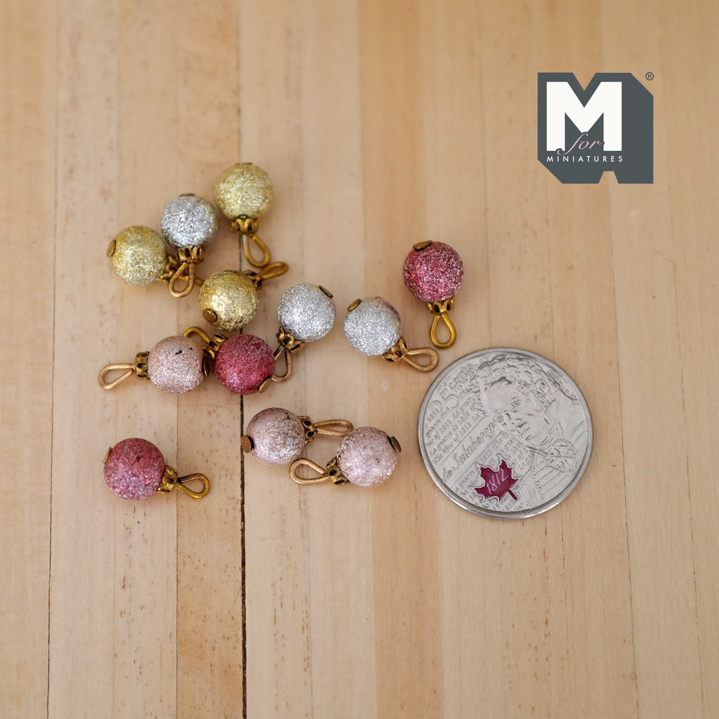 1:12 Scale Miniature Glitter Christmas Ball Ornaments, Pack of 12, 5/16 inch dia., DIY Dollhouse Supply (gold, silver, red and pink)