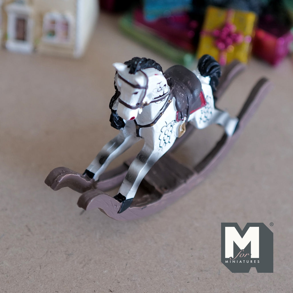 1:12 Scale Miniature Dapple Gray Rocking Horse, Red Saddle, 2-9/16 inch tall, DIY Dollhouse Supply (cast resin)