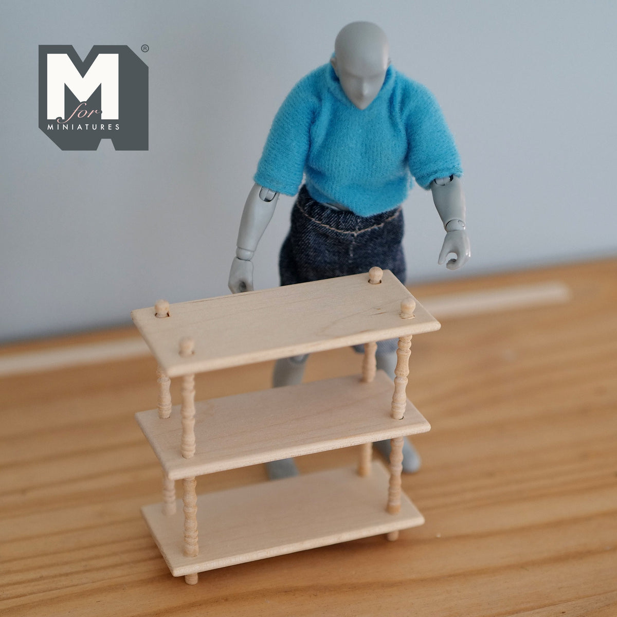 1:12 Scale Miniature Unpainted Wood Open Bookstand, 3 Tiers, Corner Posts, 3-1/16 inch tall, DIY Dollhouse Supply