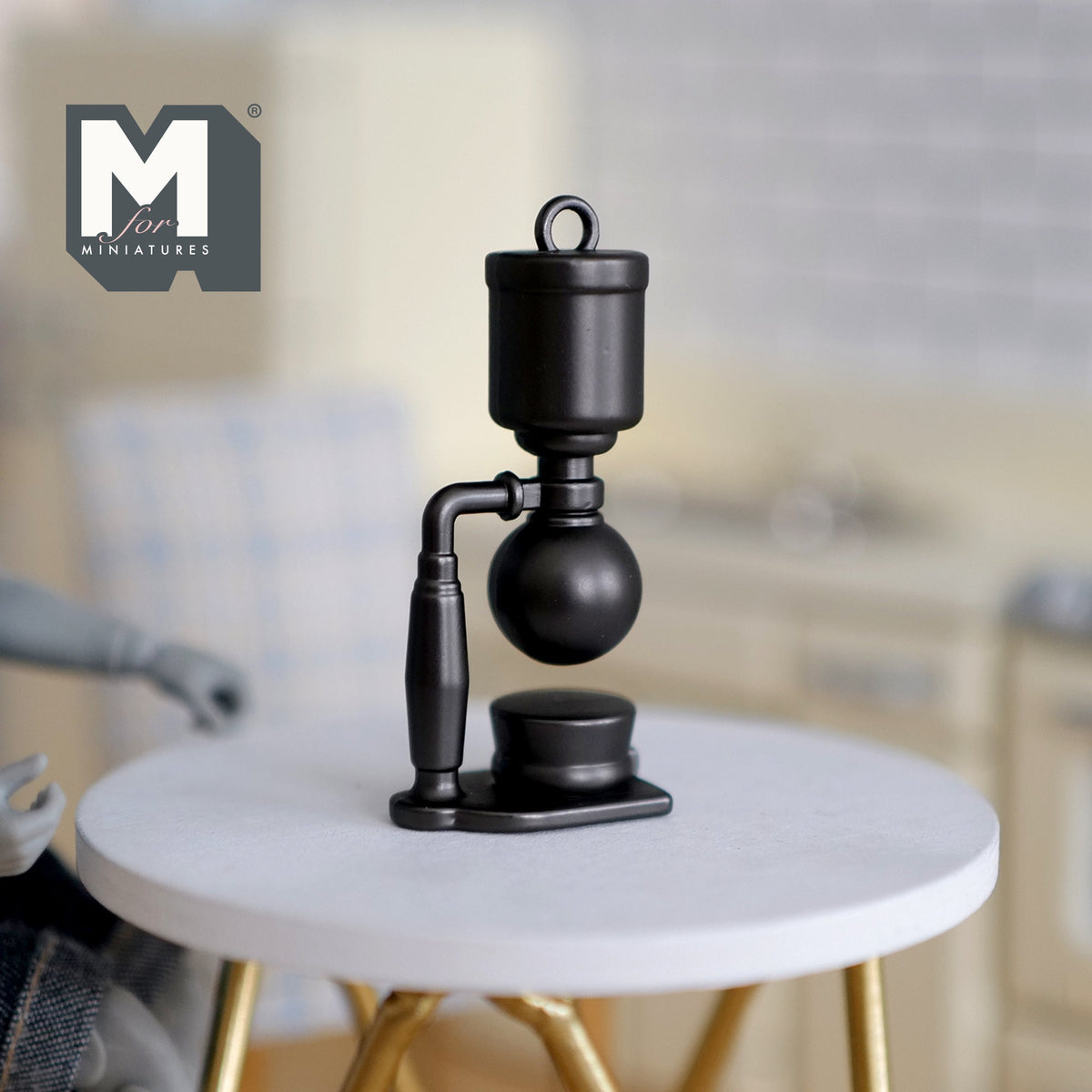 1:12 Scale Miniature Metal Siphon Coffee Brewer with Stand, 2-1/16 inch tall, DIY Dollhouse Supply (black)