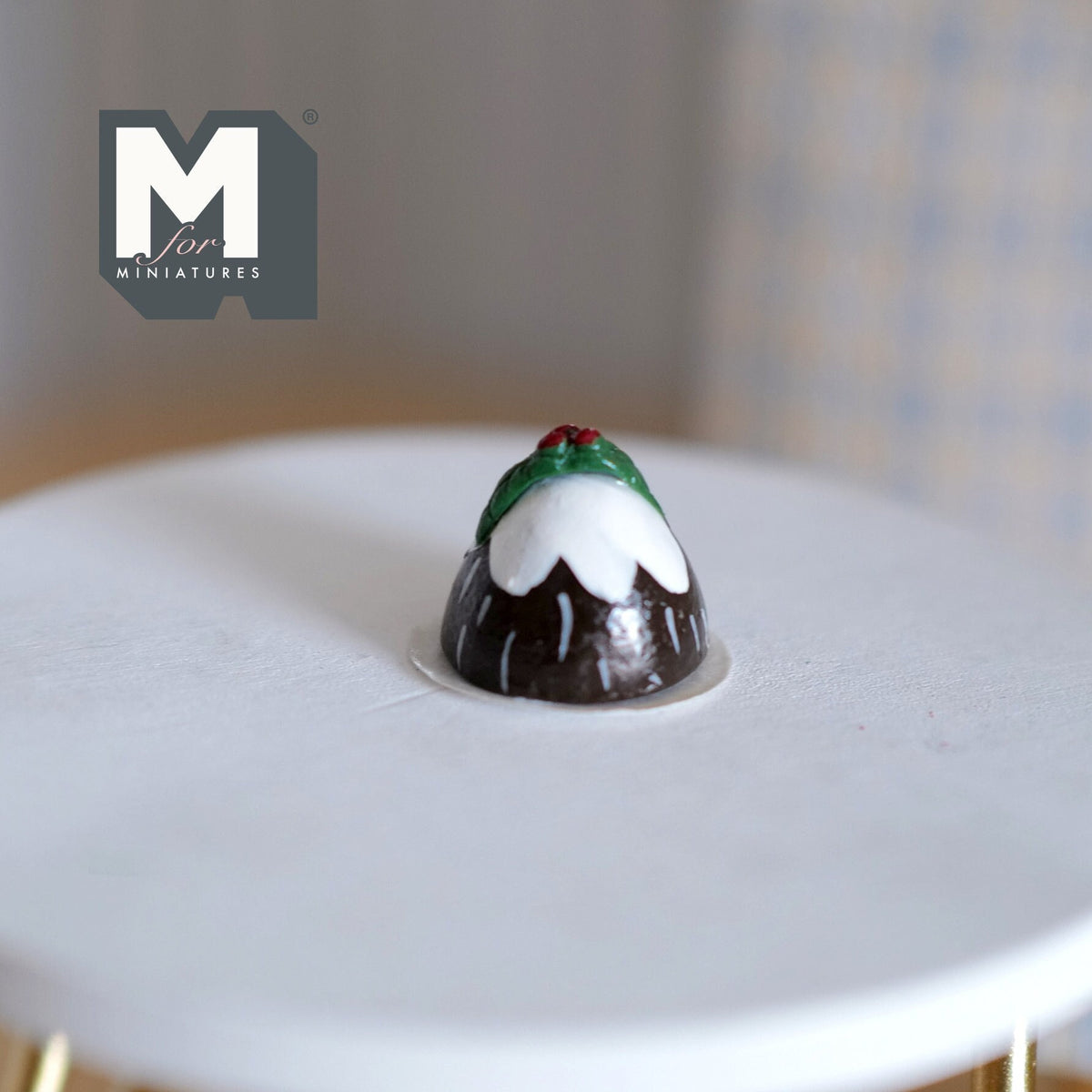 1:12 Scale Miniature Christmas Pudding with Holly, 9/16 inch tall, DIY Dollhouse Supply