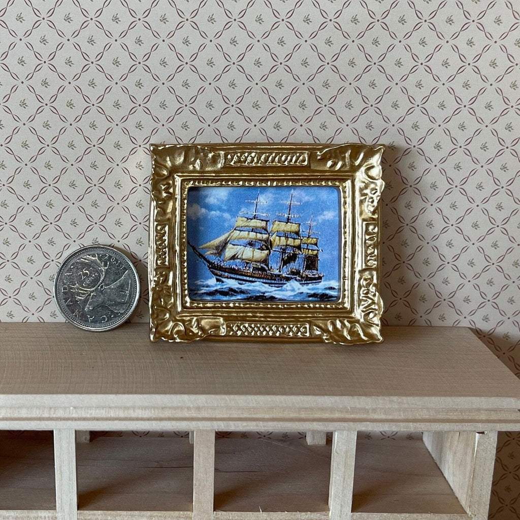 1:12 Scale Miniature Sailing Galleon Painting, Ornate Gold Frame, 2-3/8 inch wide, DIY Dollhouse Supply