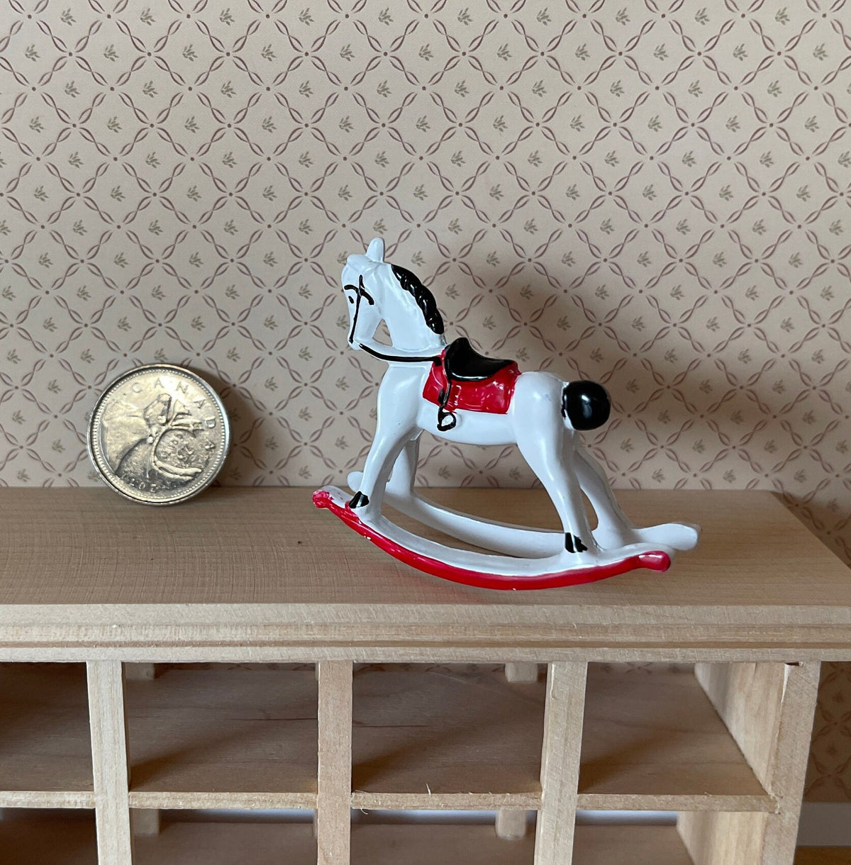 1:12 Scale Miniature Metal Rocking Horse, Red Saddle, 1-7/8 inch tall, DIY Dollhouse Supply (white)